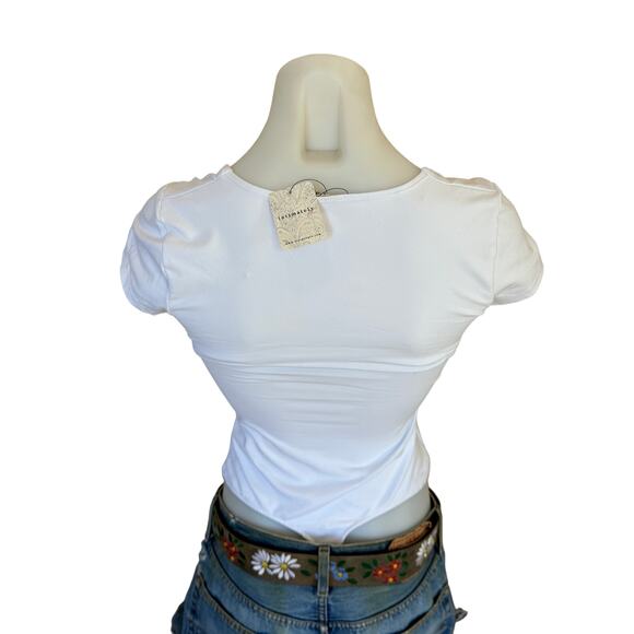 Free People White Square Bodysuit XS Bodycon Short Cap Sleeves USA $58 NEW - Picture 7 of 8